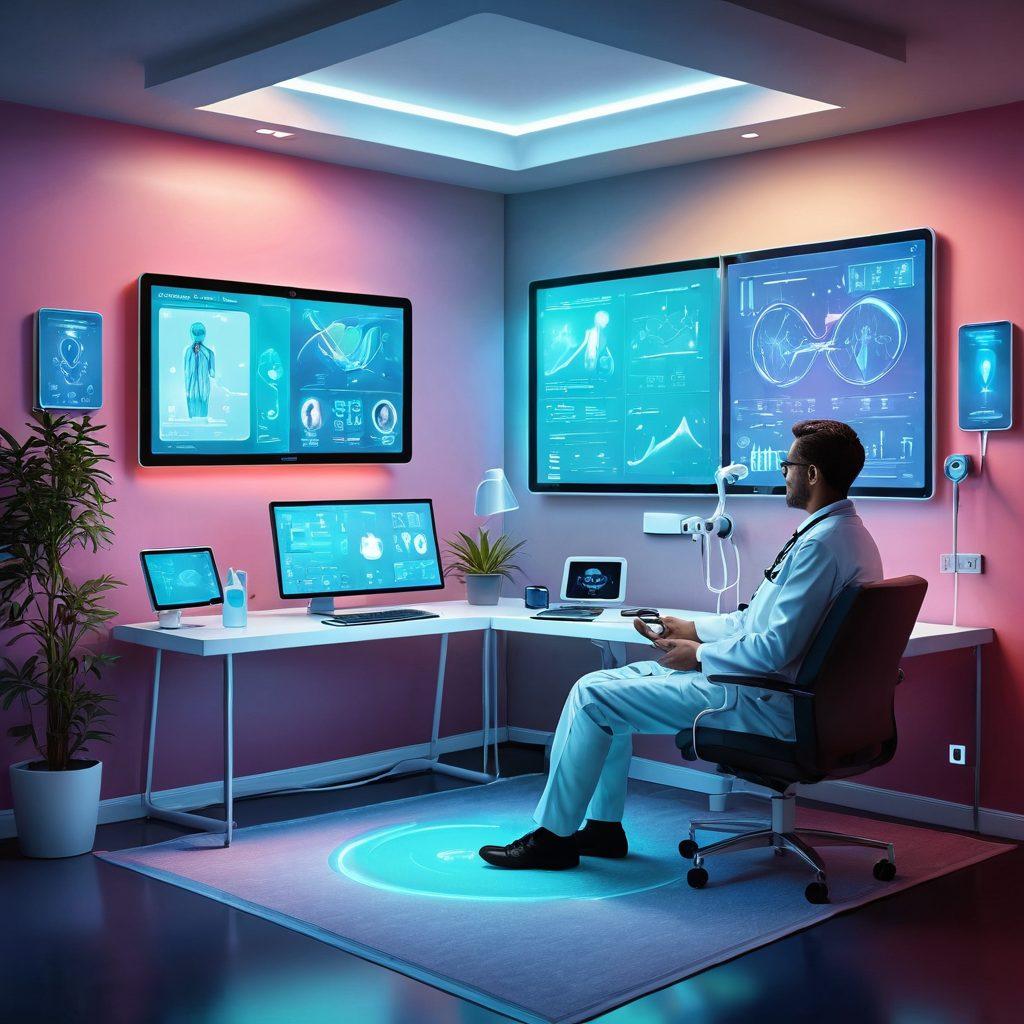 An illustration of a futuristic telemedicine consultation, showcasing a doctor and a patient connecting through a high-tech screen. The setting features digital health charts, medical tools floating around, and a comforting home environment. Emphasize the blend of traditional healthcare with futuristic technology. vibrant colors. modern style.