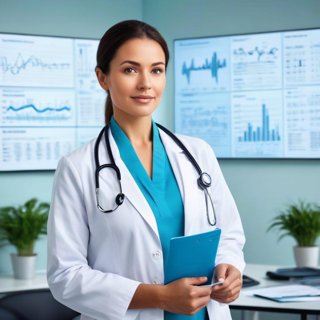 A confident and compassionate doctor standing in a modern clinic, surrounded by diverse patients engaging in discussions about wellness and health. Visual elements include medical charts, a calming blue color palette, and motivational quotes about health displayed on the walls. Incorporate symbols of health such as stethoscopes, plants for a wellness vibe, and digital screens showing health insights. super-realistic. warm lighting. vibrant colors.
